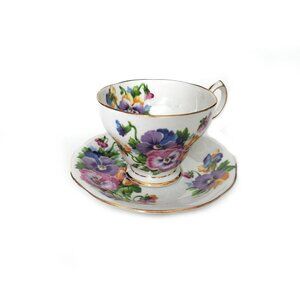 Tea Cup Saucer Queen Anne Spring Melody Fine Bone China England Pansies Gift